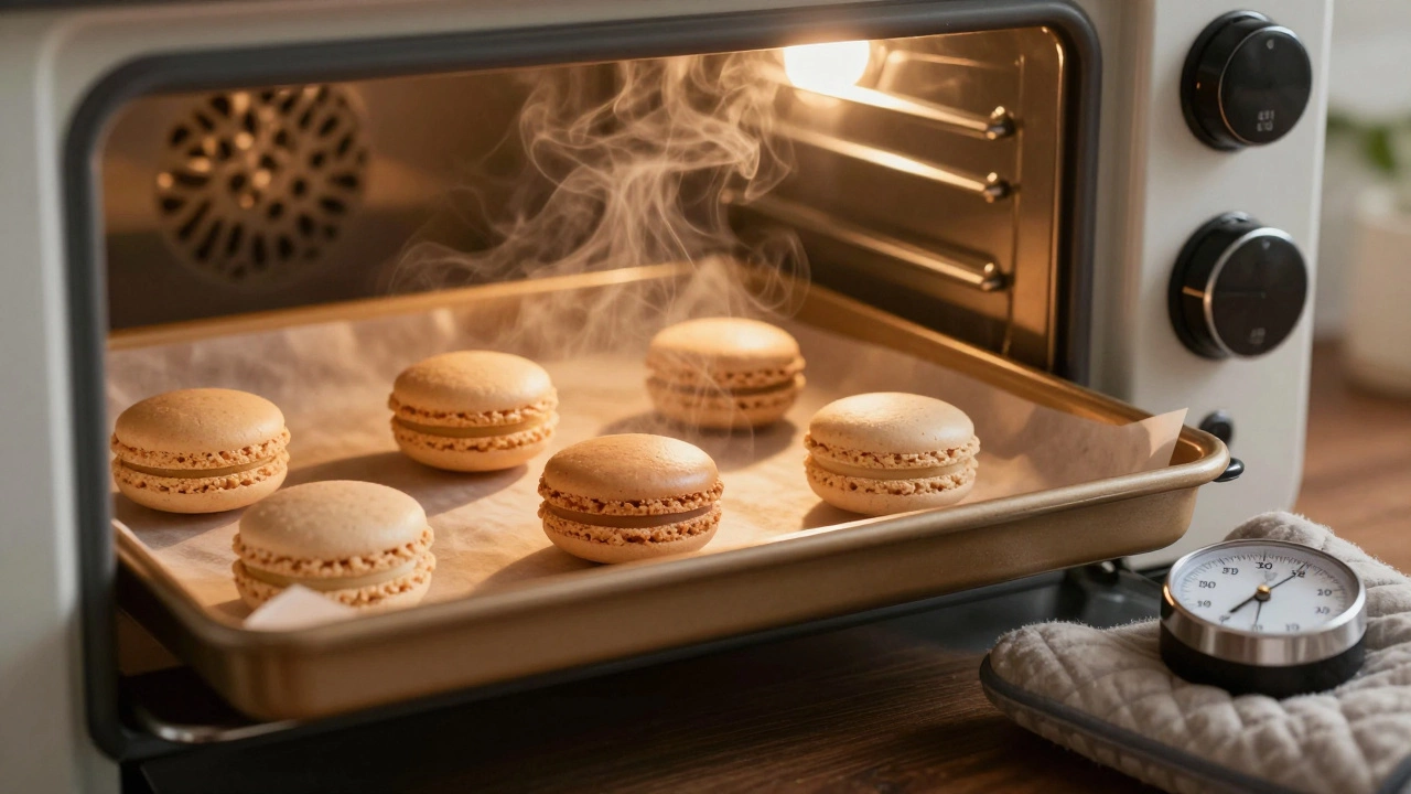 Macaron baking in oven to restore crispness, with three stages of freshness beside it.