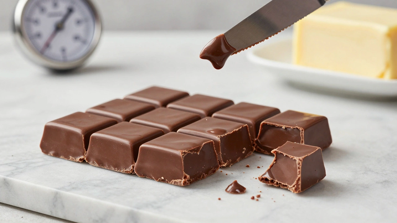 Perfectly smooth fudge squares next to a grainy, failed batch on a marble surface.