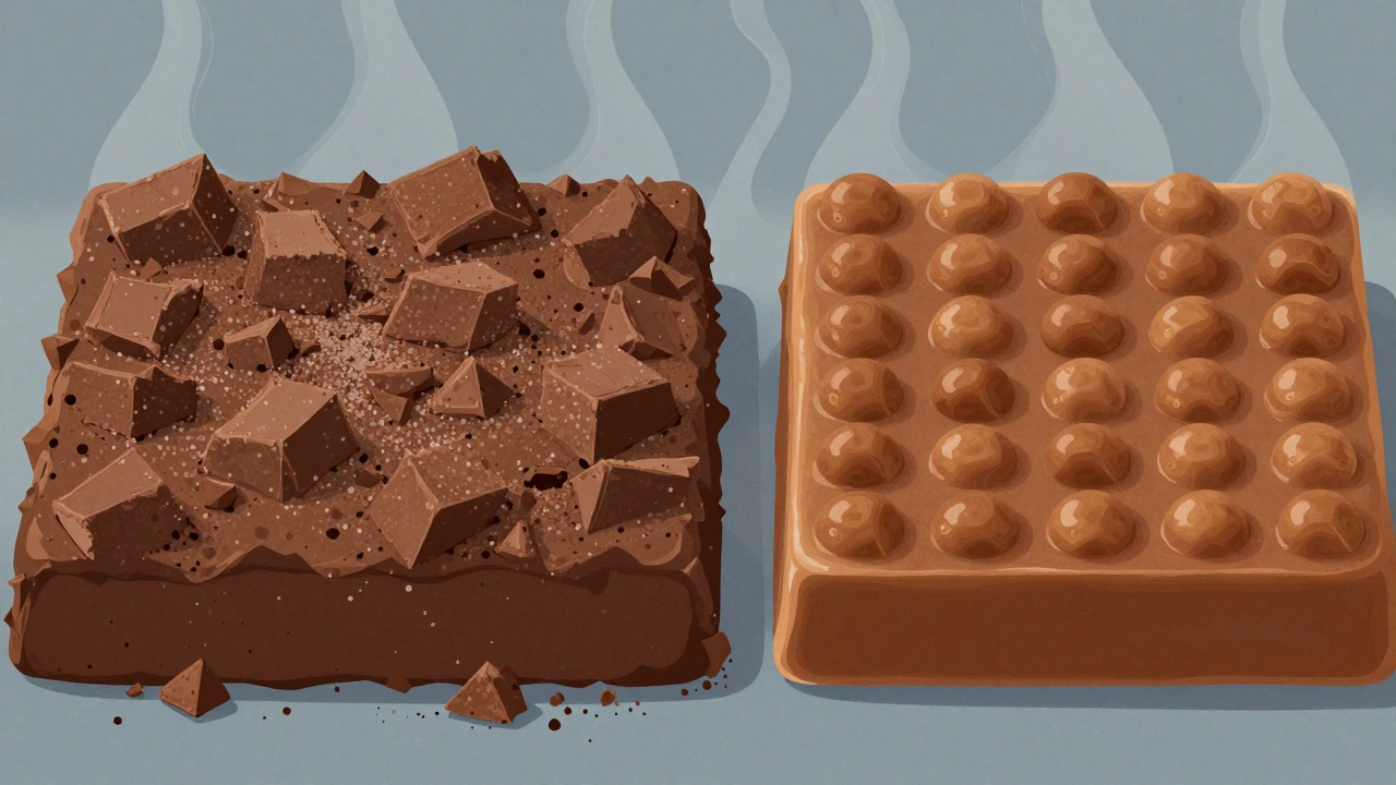 Side-by-side comparison of grainy versus smooth fudge textures.