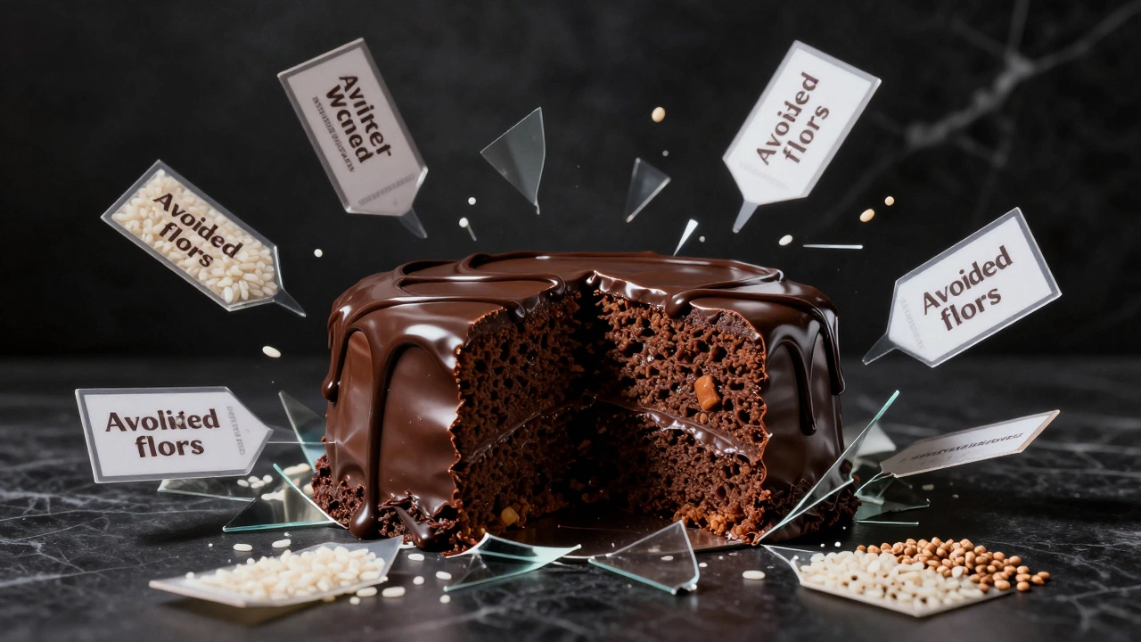 Sliced chocolate cake with moist crumb, surrounded by shattering labels of bad flours.
