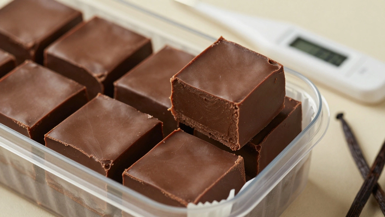 Smooth fudge squares layered with parchment paper, one lifted to show velvety texture.