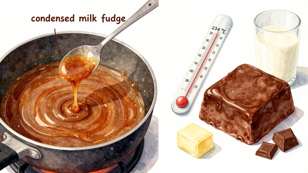 Split illustration comparing sticky condensed milk fudge to perfect traditional fudge.