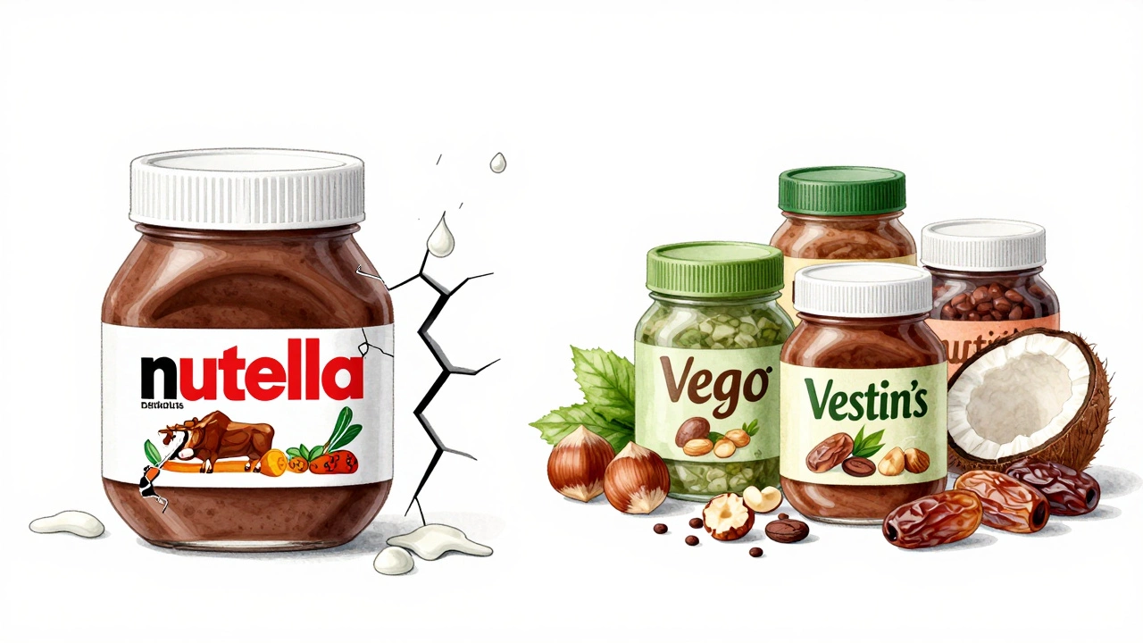 Split image: Nutella jar breaking apart as vegan alternatives emerge with natural ingredients.