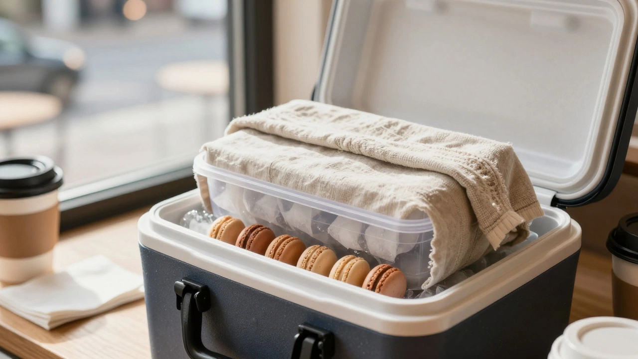 Travel box with macarons wrapped in a towel, inside a cooler with an ice pack.