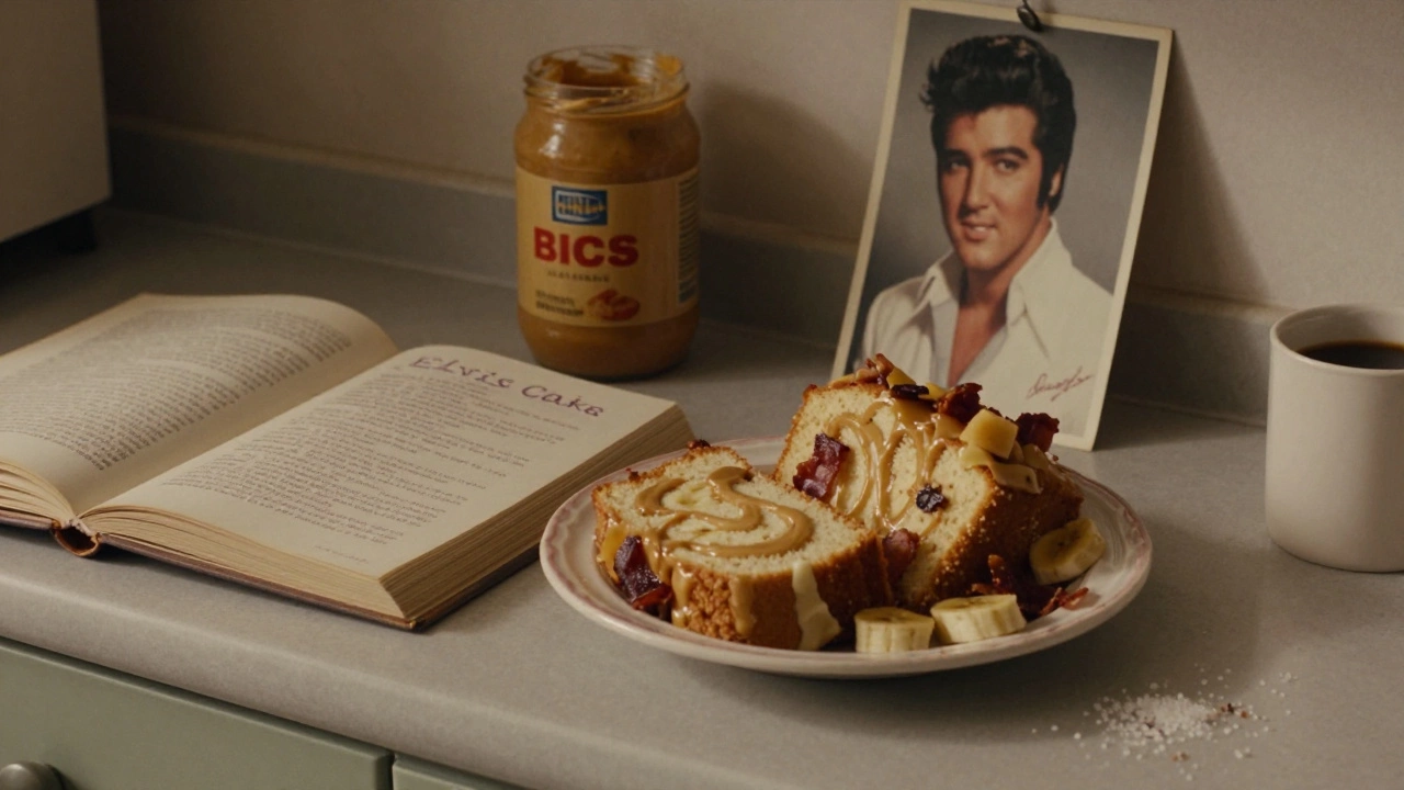 Vintage kitchen scene with Elvis cake, recipe book, and photo of Elvis Presley under warm lighting.