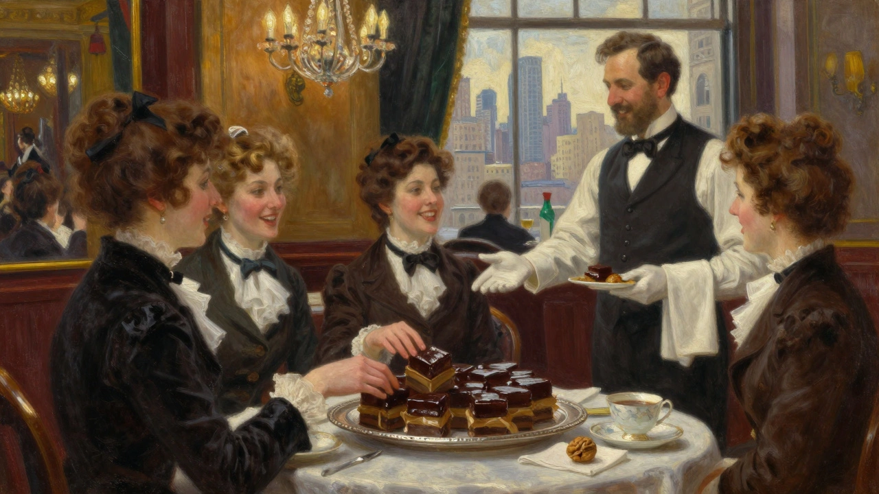 Women at a 19th-century tea party enjoying small chocolate squares from a silver tray.
