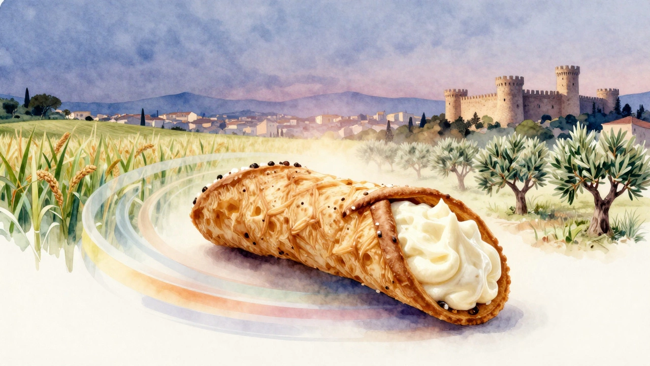 A cannoli split open with floating historical elements representing its Sicilian origins.