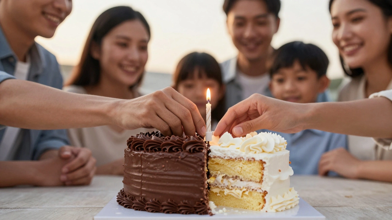 A dual-flavor cake split between chocolate and vanilla, with family nearby.