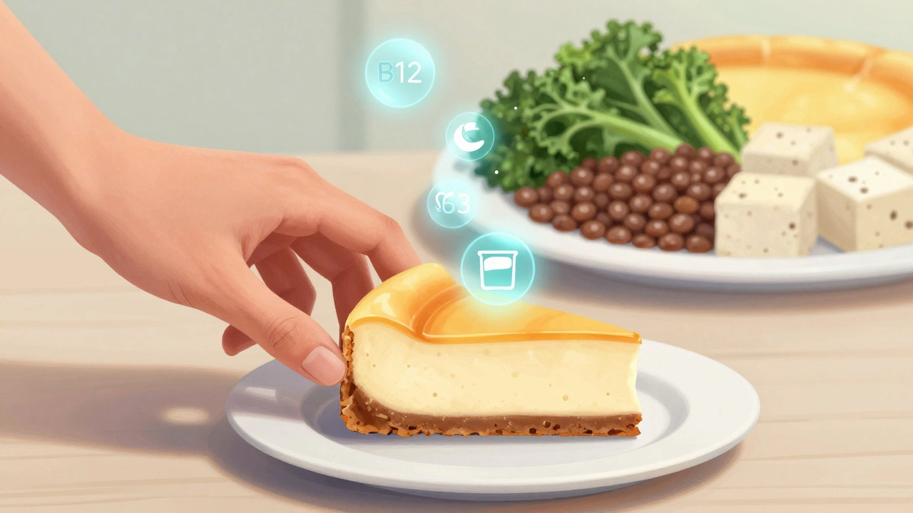 A hand placing a vegan dessert as nutrient icons fade away, contrasted with a plate of wholesome plant foods.