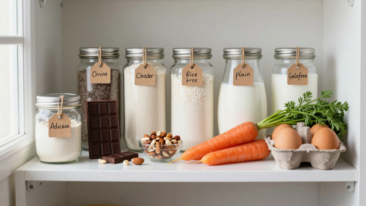 A neatly organized pantry shelf with nine gluten-free baking ingredients like almond flour, chia seeds, and dark chocolate.