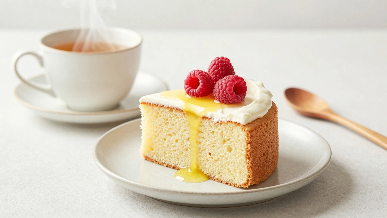 A slice of lemon-brushed genoise cake with raspberries, served with tea, no cream or frosting.