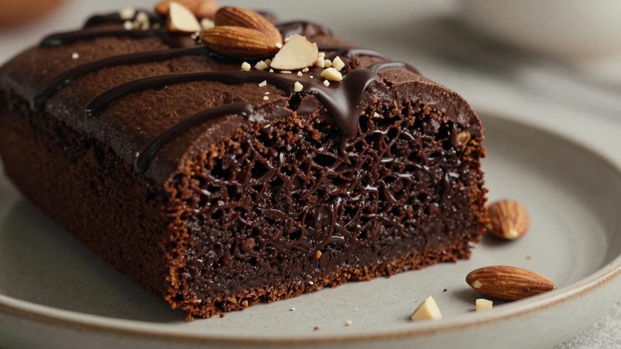 A sliced flourless chocolate cake with glossy interior and chopped almonds on top, showing rich texture and moisture.
