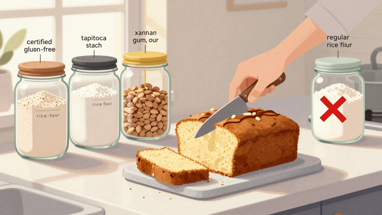 A sliced gluten-free cake on a counter beside labeled flour ingredients, with one jar marked as unsafe.
