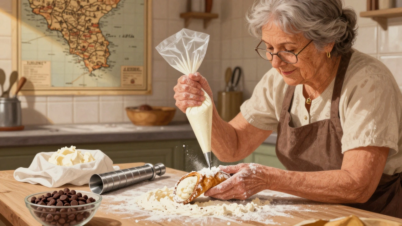 An elderly woman filling cannoli shells with ricotta in a sunlit Sicilian kitchen.