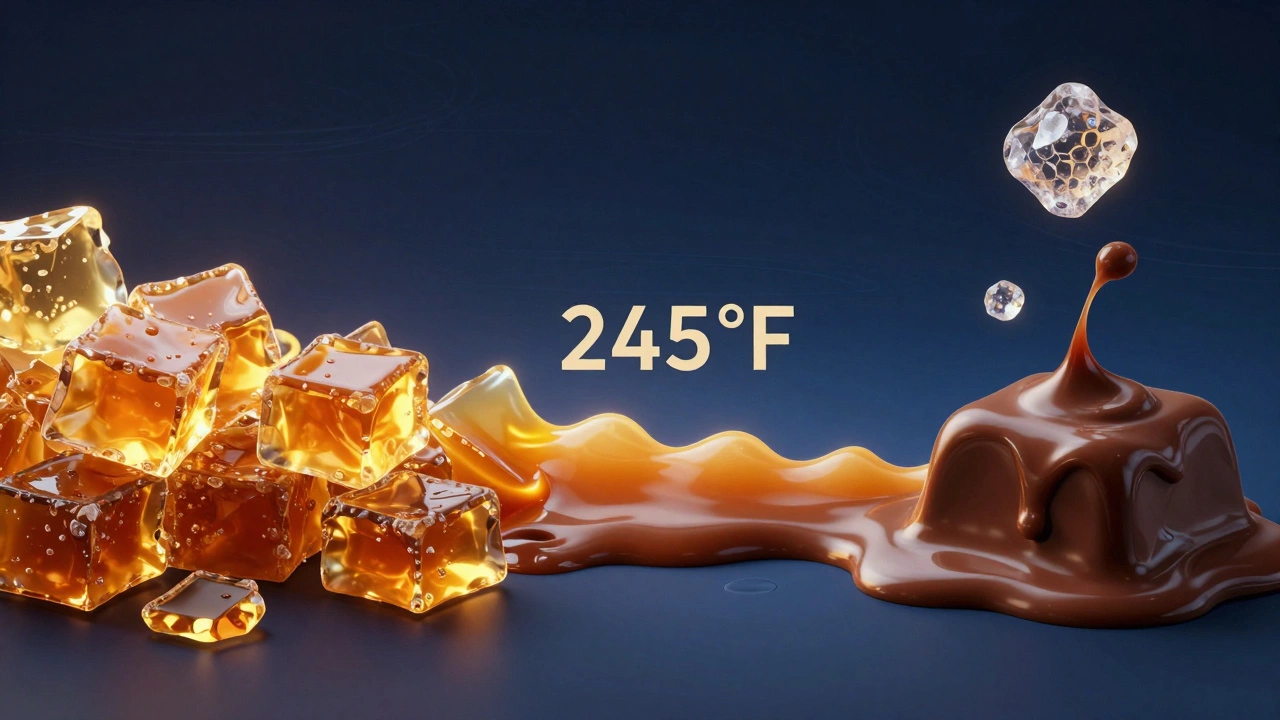 Artistic spectrum from crunchy toffee to creamy fudge, with caramel in between and heat waves in dark background.