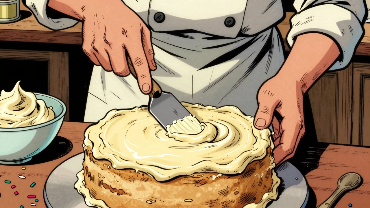 Baker smoothing crumb coat on cake layer with spatula