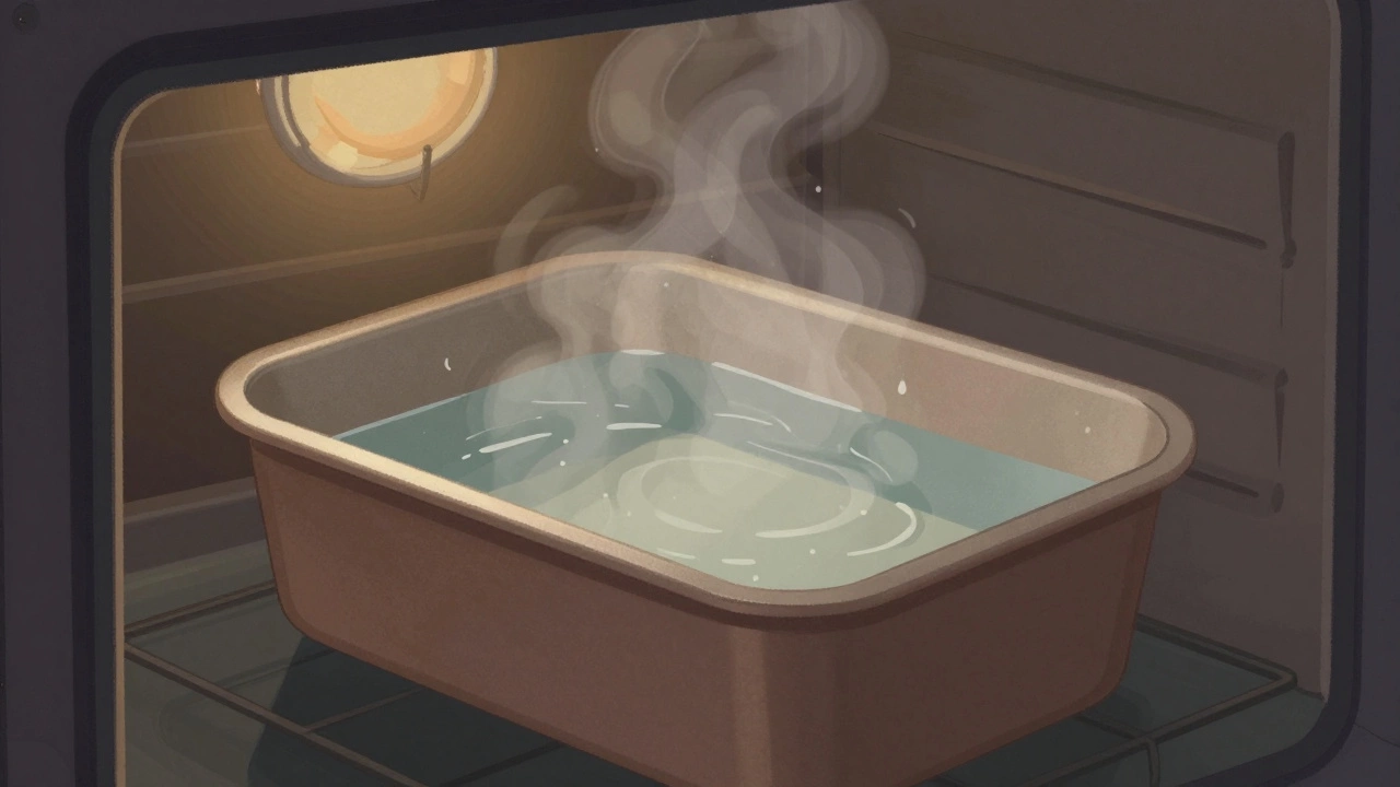 Brownie pan in a water bath inside an oven, steam curling up, warm lighting, no dark pans visible.