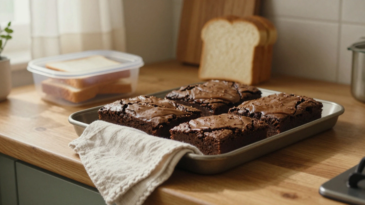 Cooling brownies covered with a towel beside a slice of bread in an airtight container, soft kitchen light.