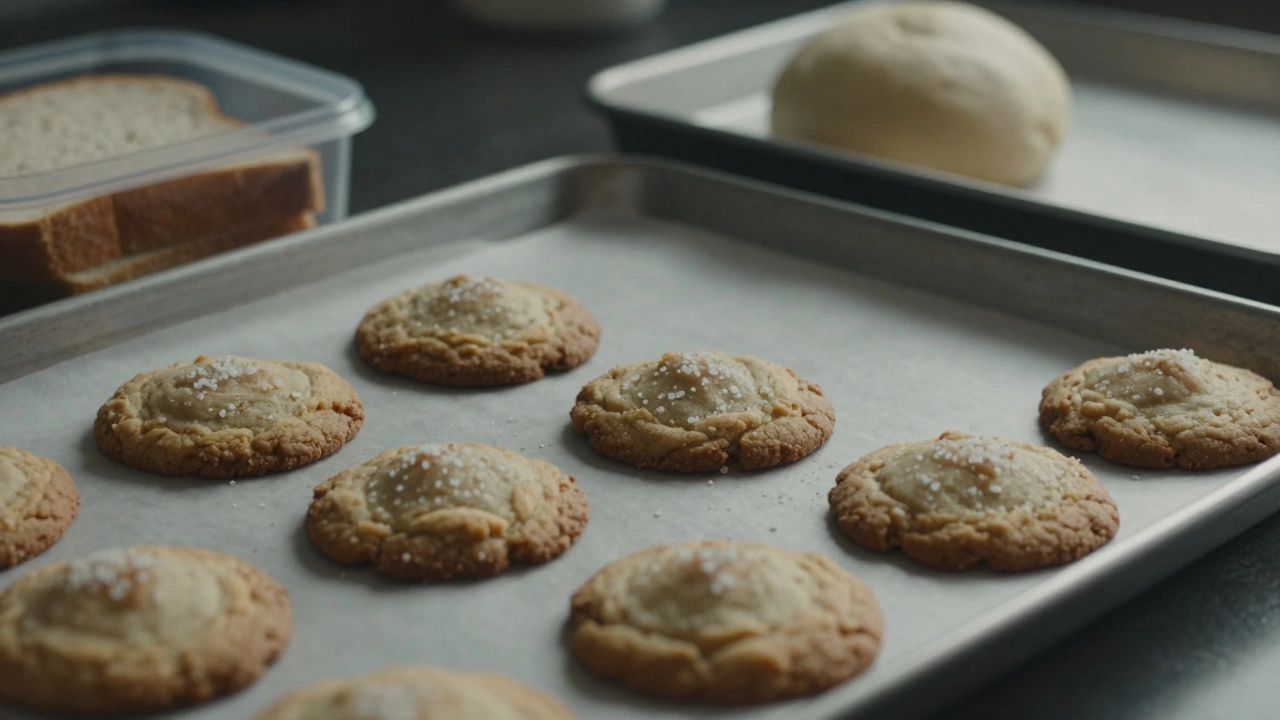 Freshly baked cookies cooling on a baking sheet, with sea salt flakes glistening and a chilled dough ball nearby.