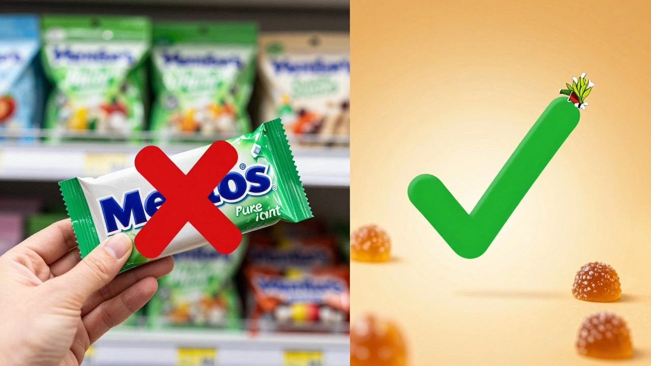 Side-by-side comparison of non-vegan and vegan Mentos versions with checkmarks and cross marks, beside certified vegan alternatives.