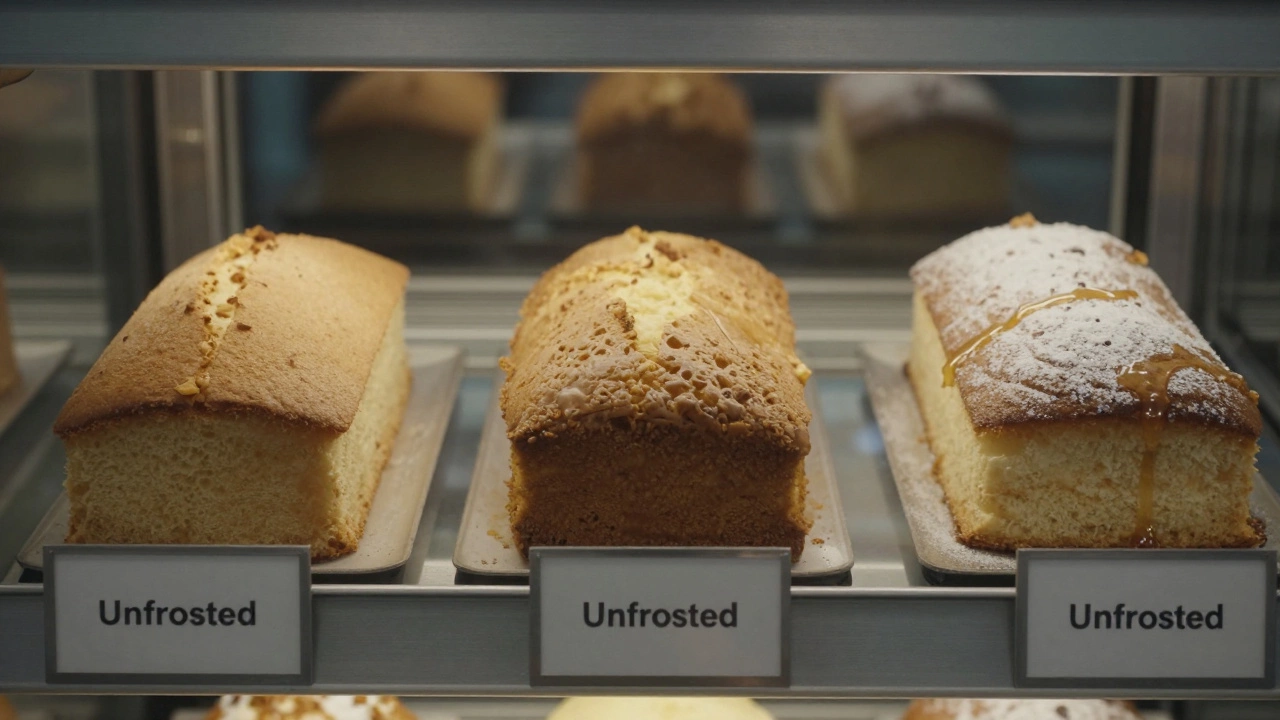 Three plain cakes displayed in a bakery case: sponge, butter, and angel food, all unfrosted and naturally lit.