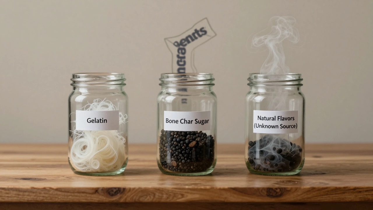 Three transparent jars labeled with hidden non-vegan ingredients found in Mentos, set on a wooden surface with soft lighting.
