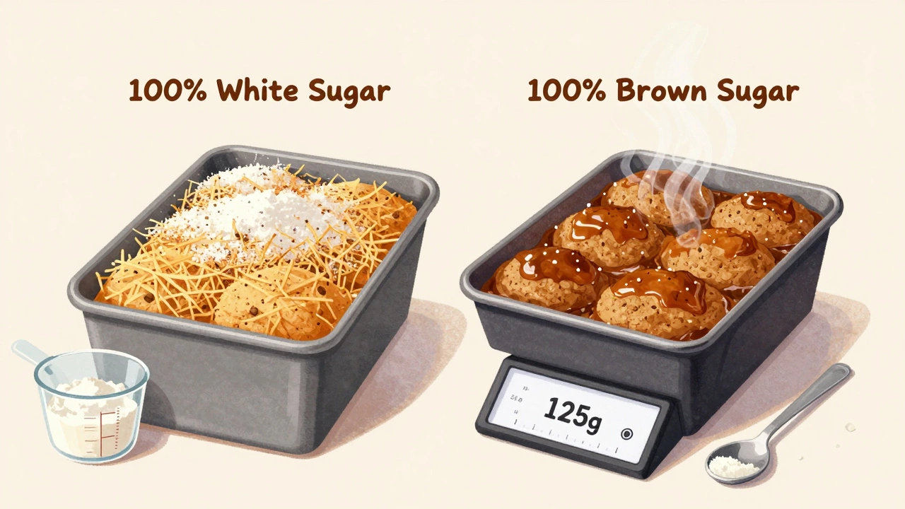 Two cookies side by side: one crisp and thin, the other thick and chewy, showing the effect of different sugars.