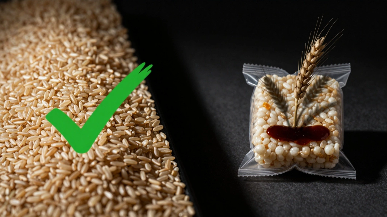 Two paths: pure rice with a checkmark versus packaged rice snacks with hidden wheat ingredients.