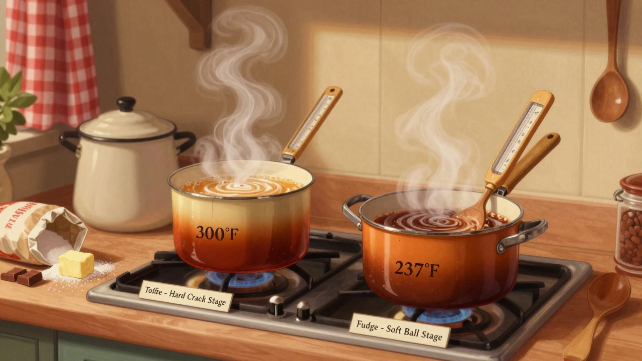 Two pots on a stove with thermometers showing different temperatures for toffee and fudge, vintage kitchen scene.