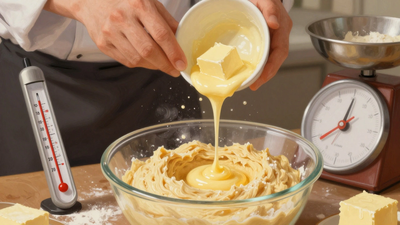 A hand pouring melted butter into cookie dough, with butter measurements visible in the background.