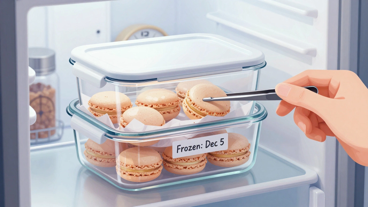 Airtight container holding layered frozen macarons, labeled and stored in a refrigerator.