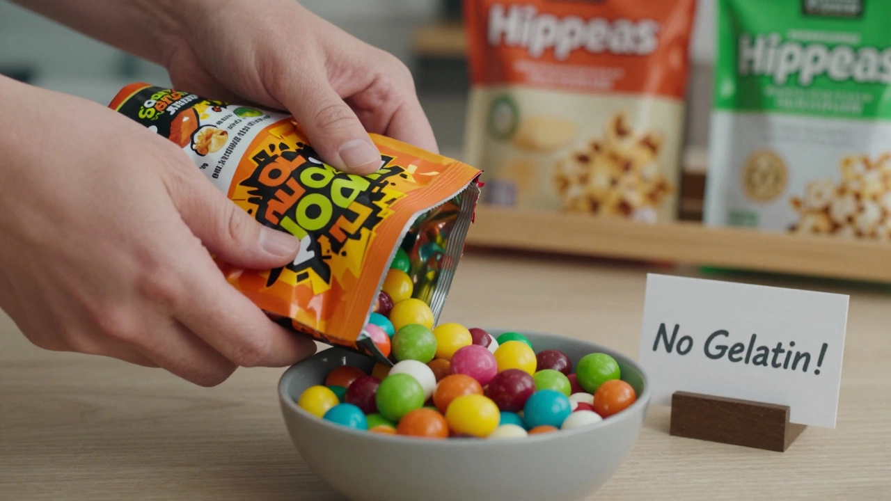 Colorful Sour Patch Kids being poured into a bowl beside other vegan snack packages.