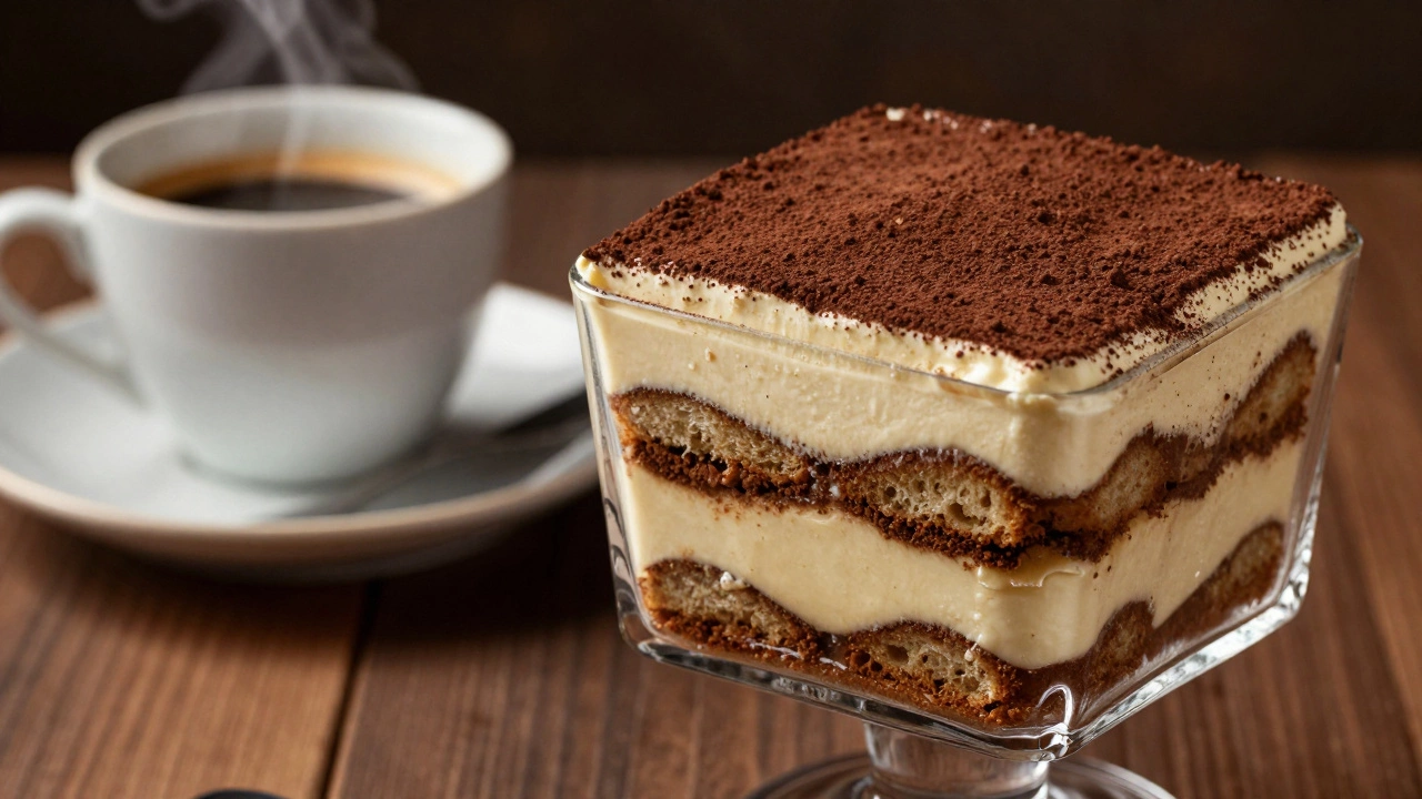 Cross section view of layered tiramisu dessert in glass cup