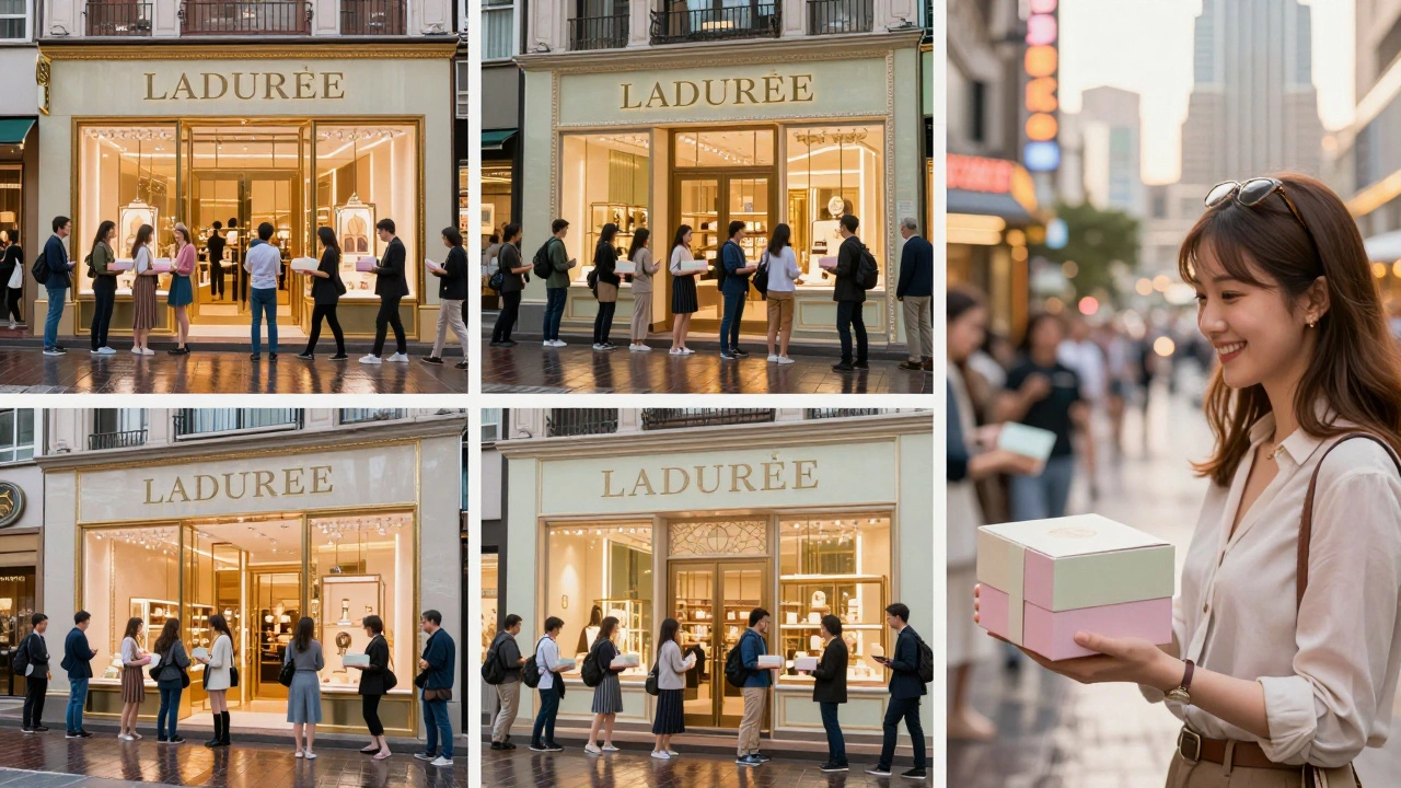 Customers lining up outside Ladurée stores in Tokyo, New York, and Dubai at golden hour.