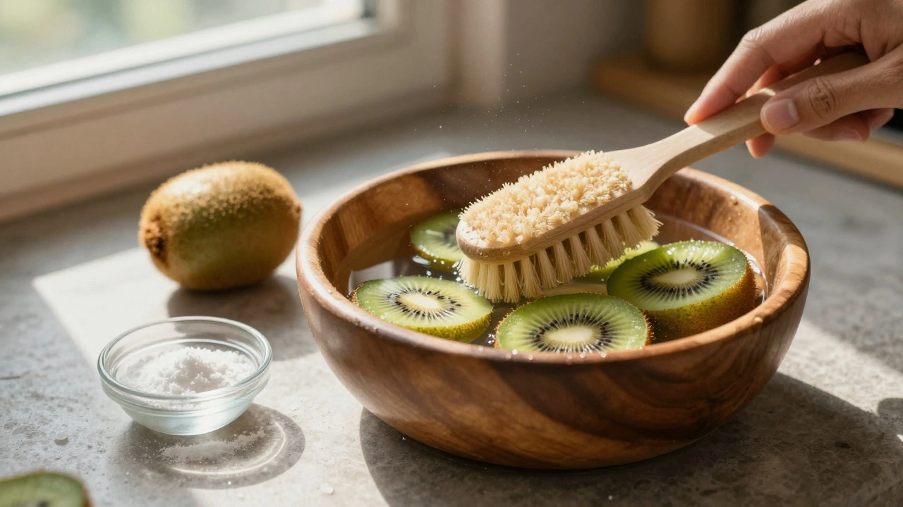 Fresh organic kiwi fruit being washed in a wooden bowl with clear water and soap.