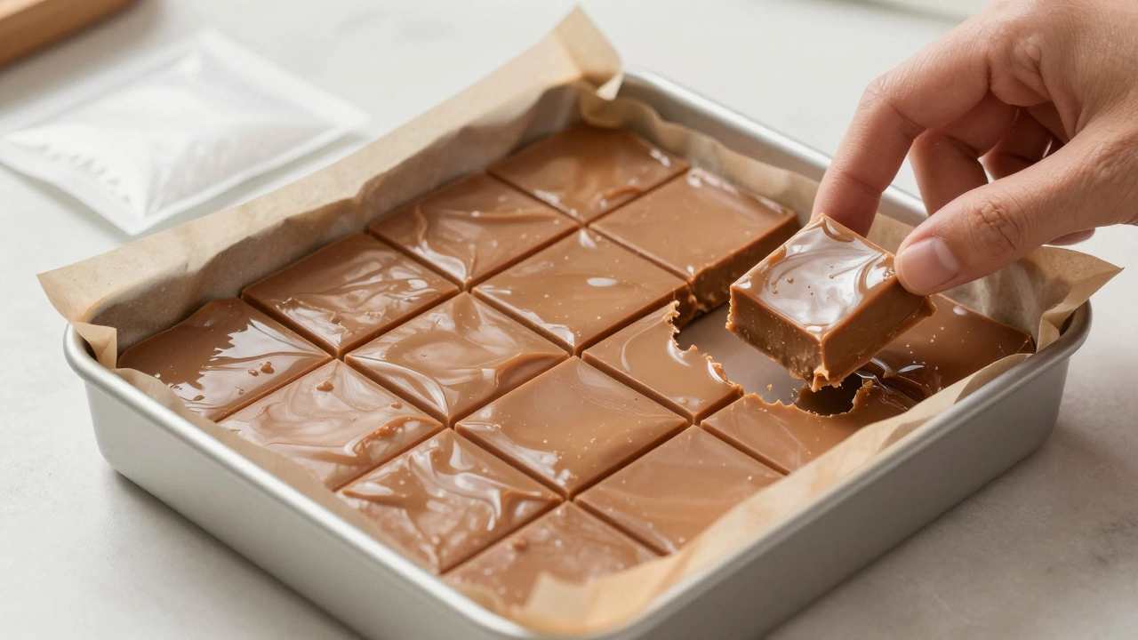 Freshly cut fudge squares glistening on parchment paper, with a silica gel packet nearby for moisture control.