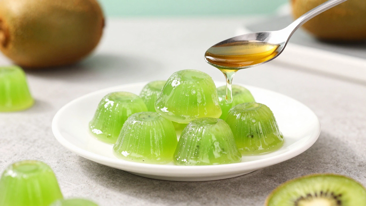 Green translucent kiwi gummy candies arranged on a white ceramic plate with honey drizzle.