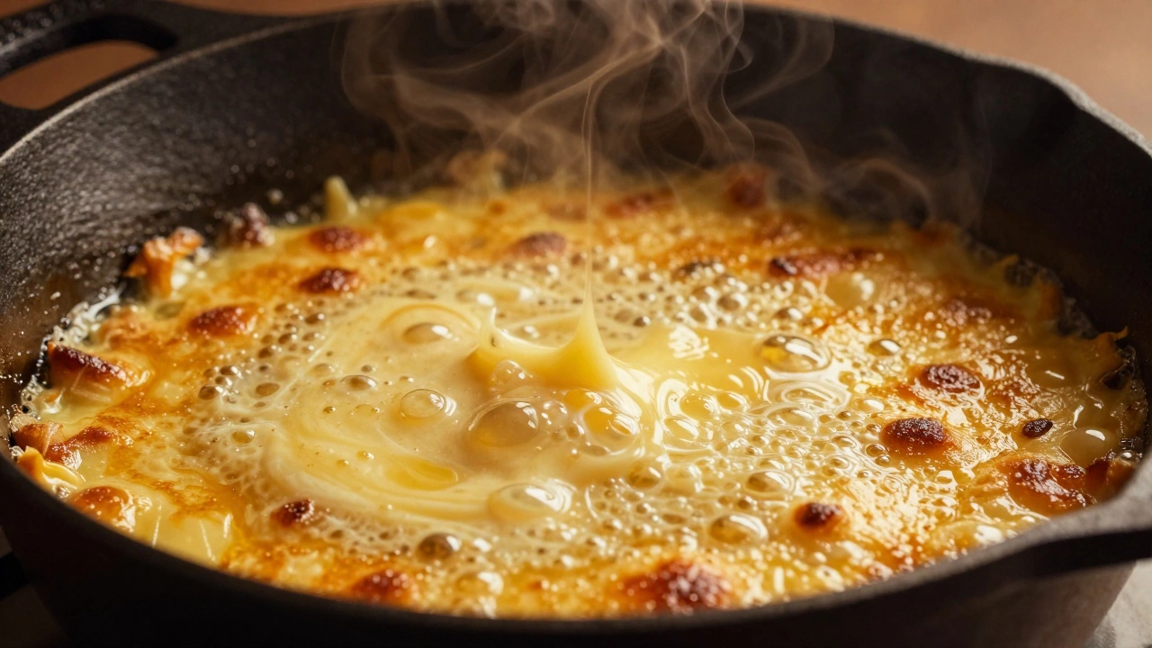 Macro view of cheese bubbling and melting in a hot cast iron skillet