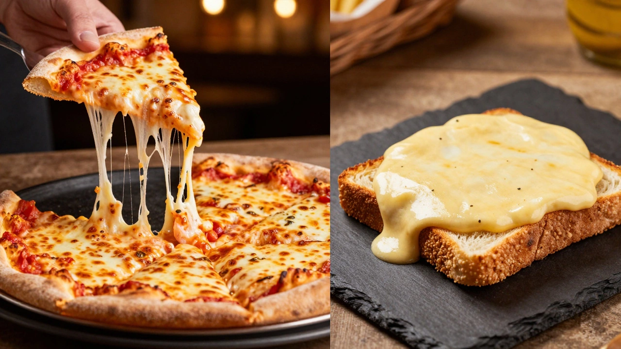 Slice of pizza with cheese pull next to a grilled cheese sandwich