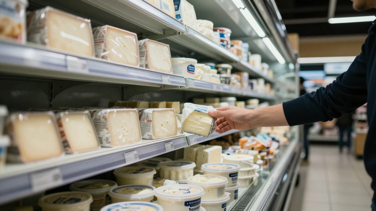 Supermarket refrigerator aisle stocked with various dairy products