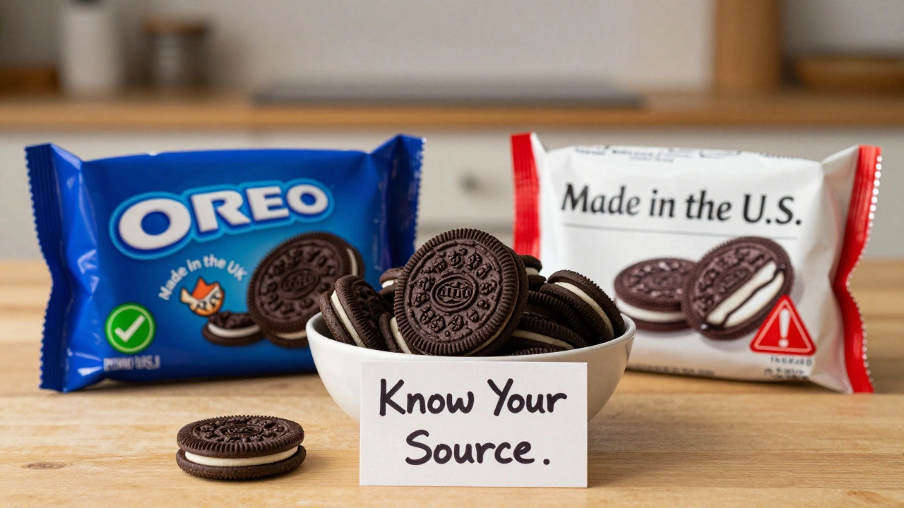Two Oreo packages side by side — UK vs U.S. — with vegan-certified cookies nearby, highlighting regional differences in vegan compliance.