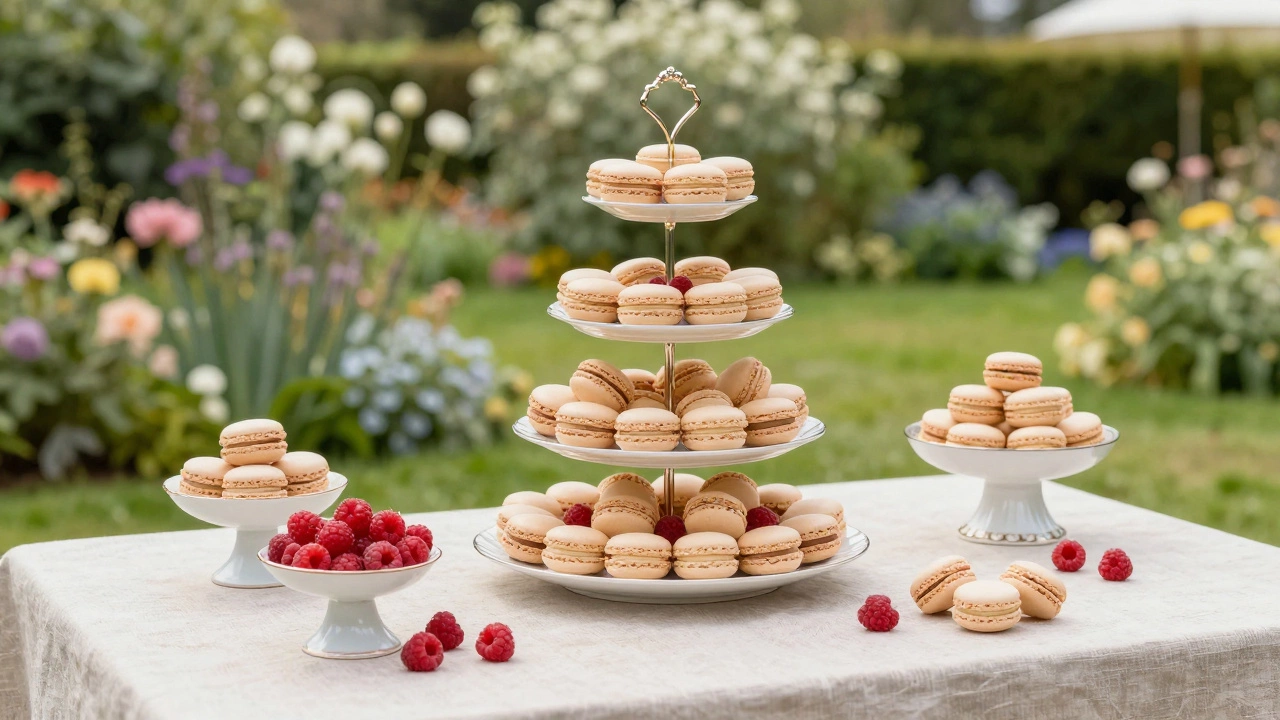 A central macaron tower surrounded by smaller dessert platters on a garden party table.