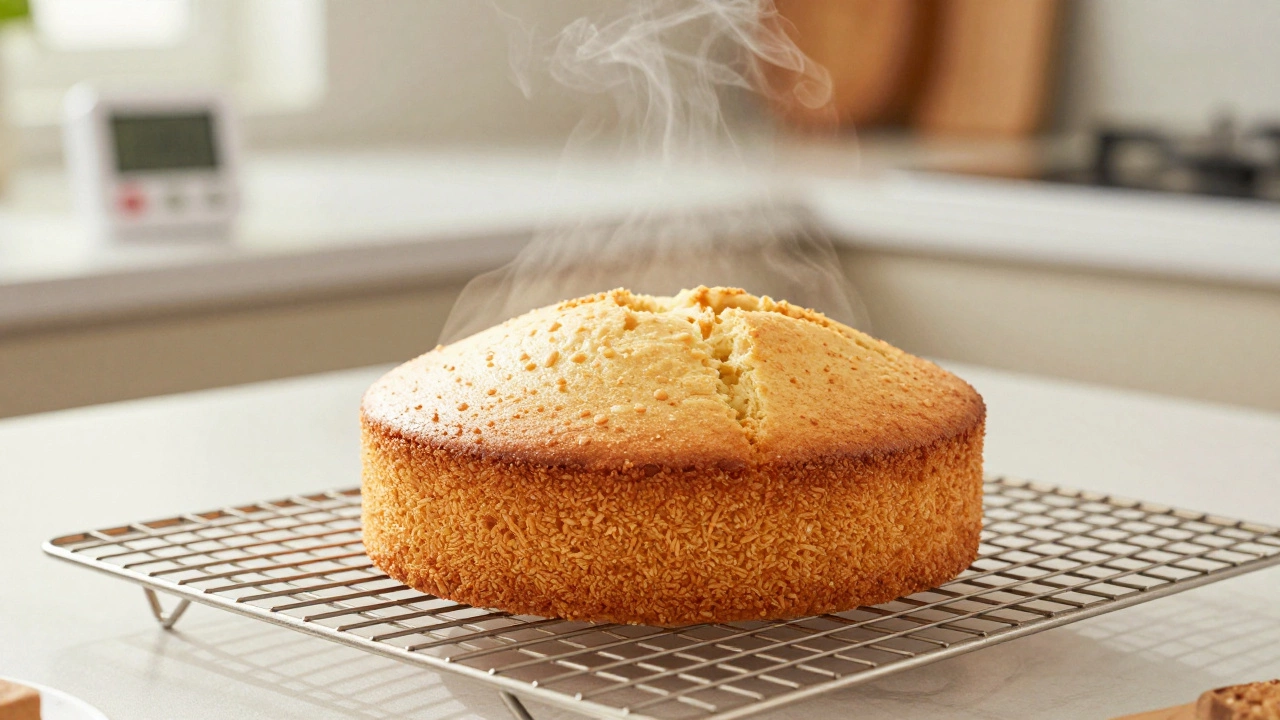 A golden-brown gluten-free cake cooling on a wire rack in a bright kitchen