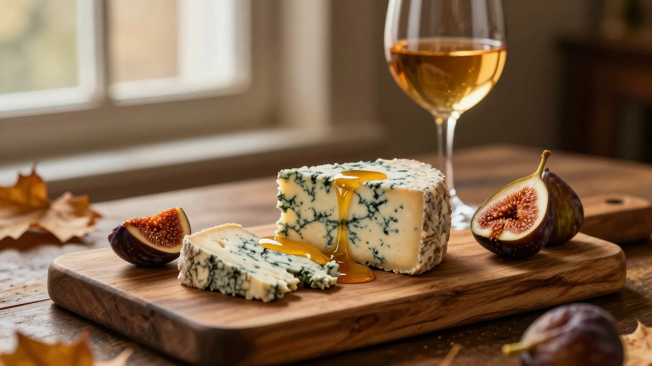 A gourmet platter featuring blue cheese with honey, dried figs, and a glass of dessert wine.