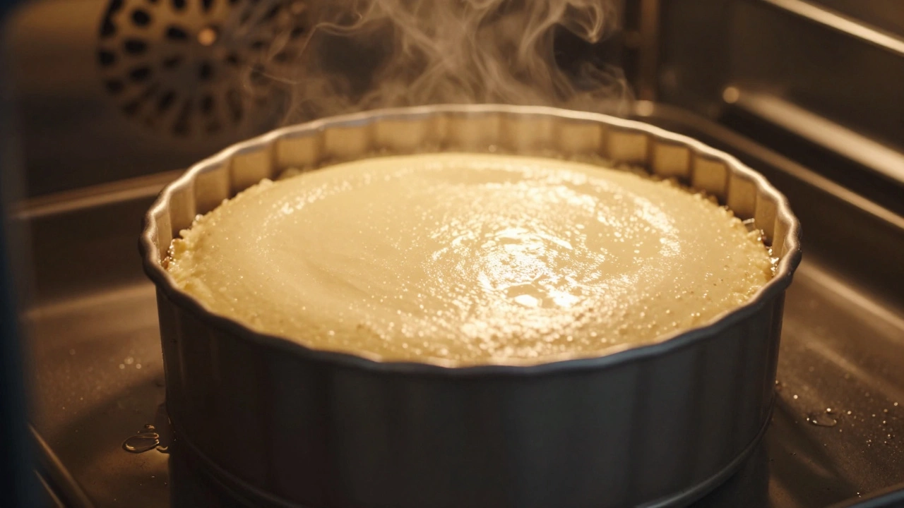 A New York style cheesecake baking in a water bath inside a warm oven.