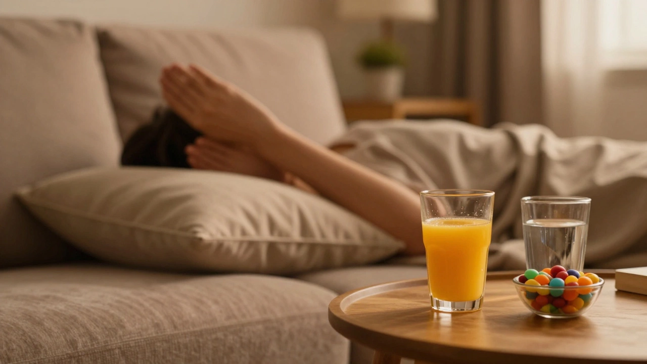 A person resting on a sofa with legs elevated, next to orange juice and sweets.