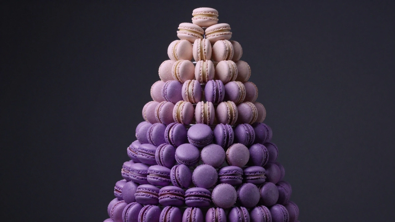 A professional 4-tier macaron tower with a purple ombré color gradient against a dark background.