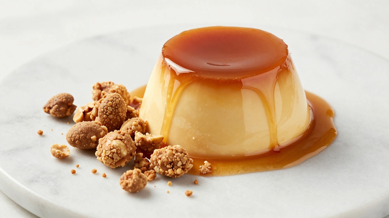 A slice of creamy caramel Pudim and crumbly peanut Paçoca on a marble surface