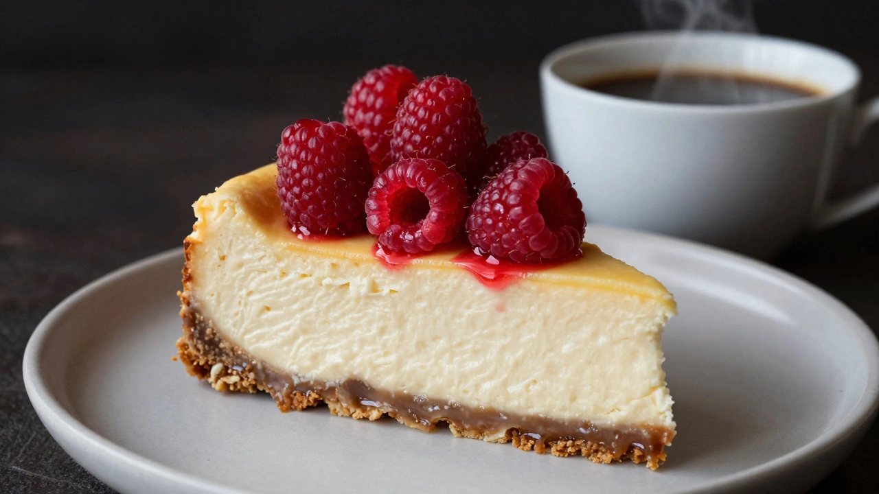 A slice of dense New York cheesecake topped with fresh raspberries next to a cup of coffee.