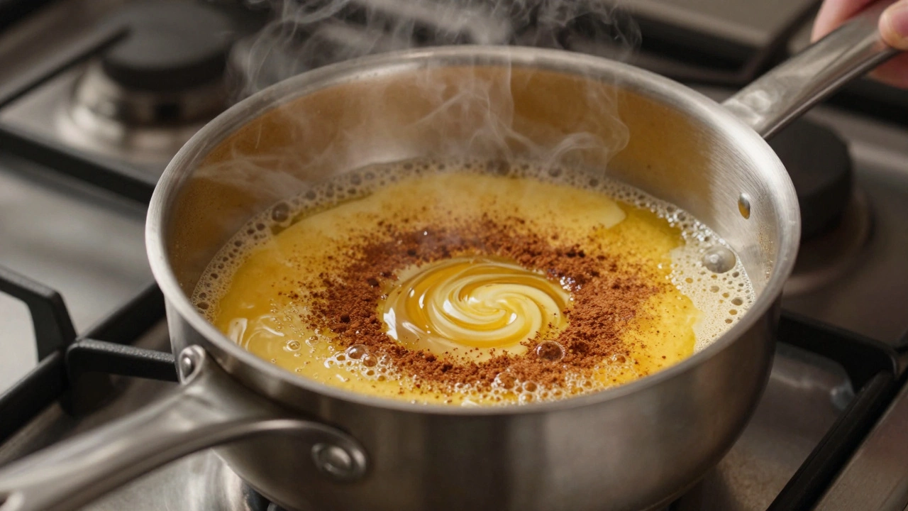 Cinnamon and ginger spices blooming in melted butter in a small saucepan